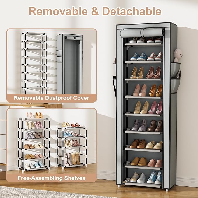 VILICK Shoe Rack with Cover Narrow Shoe Rack Organizer with 4 Side Pockets 10 Tier Tall Shoe Storage Shoe Shelf Holds 18-22 Pairs Shoes and Boots Shoe Rack for Closet, Grey - Image 6