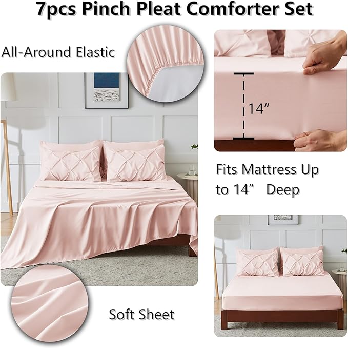 CozyLux Queen Comforter Set Blush Pink, 7 Pieces Pintuck Bed in A Bag, Premium Pink Comforter Queen Size, Pinch Pleat Bedding Sets with Comforter, Sheets, Pillowcases & Shams