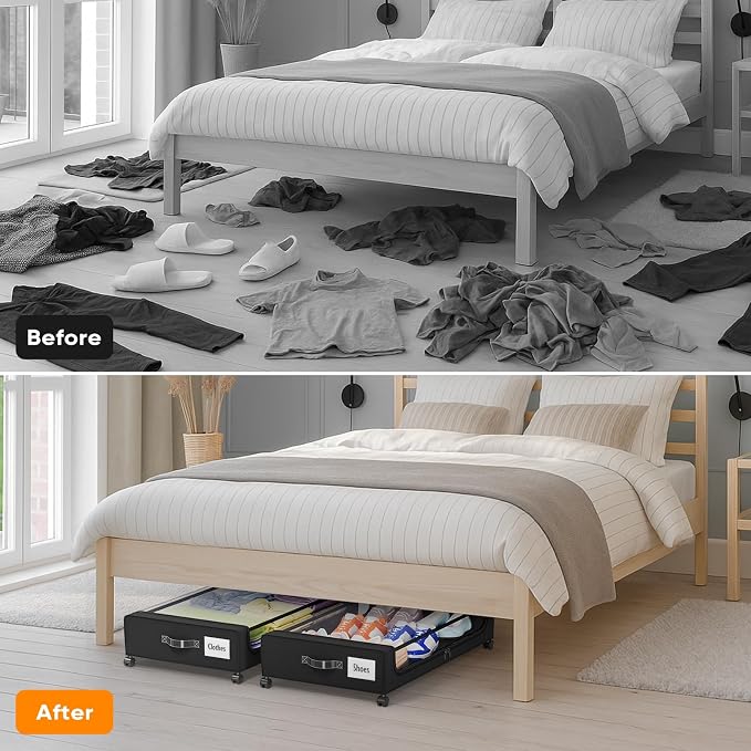 Camkey® Under Bed Storage with 360° Wheels, 2-Pack, 60L Low-Profile Rolling Underbed Bins for Clothes, Shoes, Toys & Books,Easy Pull-Out, Dust Protection, Space-Saving Organizer for Bedroom/Dorm,Black - Image 7