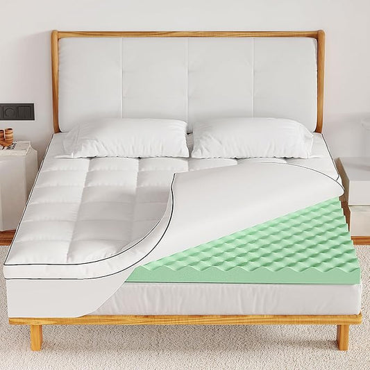 Memory Foam Mattress Topper King, 4inch Dual Layer Cooling 2''Gel Green Tea Memory Foam & 2" PillowTop Mattress Pad, 8-21inch Deep Pocket, Egg Crate for Back Pain Relief