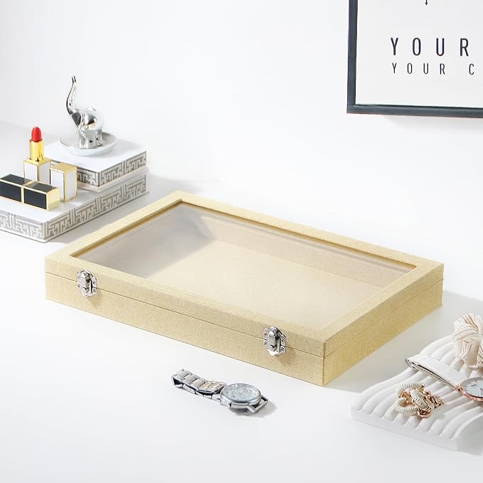 Coward Jewelry Organizer Box, Yellow Linen Blank Display Tray Case with Lid for Storage Necklaces Bracelets Rings Beads and Jewelry Accessories - Image 4