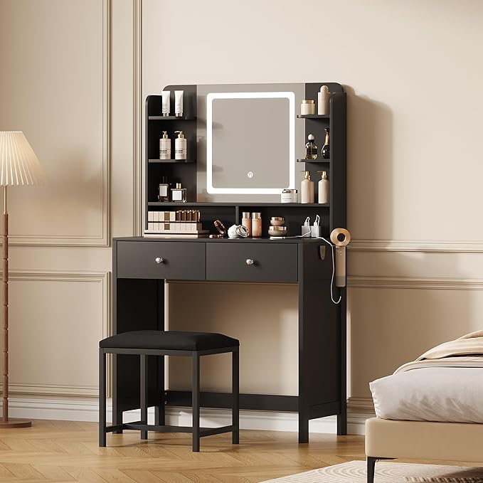 Black Vanity with Lighted Mirror, 8 Shelves, 2 Drawers, Charging Station, Hair Dryer Holder & Stool, LED Mirror with 3 Light Modes