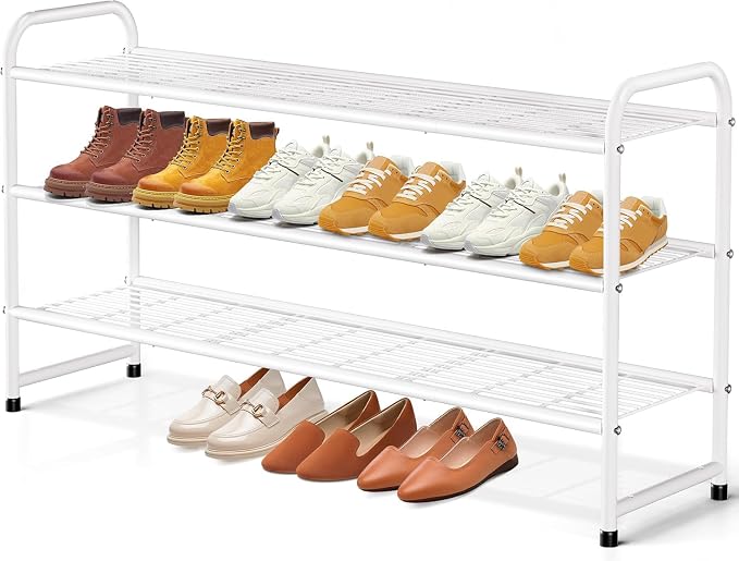 KEETDY 3-Tier Long Shoe Rack for Closet Metal Shoe Organizer for Entryway, Wide Stackable Shoe Storage Shelf with Sturdy Wire Grid for Closet Floor, Bedroom, White by KEETDY