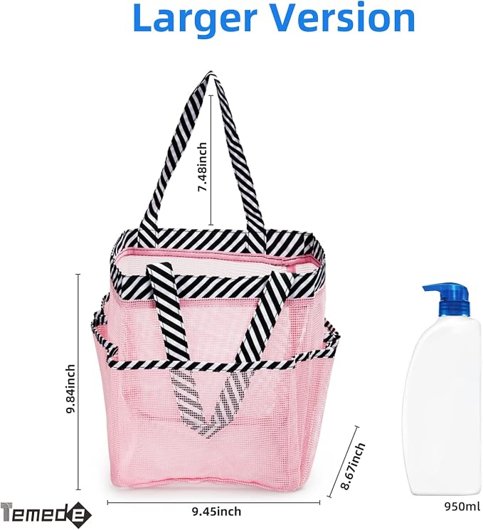 Temede Mesh Shower Caddy Tote, Large Shower Caddy Basket Portable, Quick Dry Hanging Toiletry Bag, 8 Storage Pocket Bath Organizer for College Dorm Room, Gym, Bathroom, Camp, Travel (Pink+Stripes) - Image 2