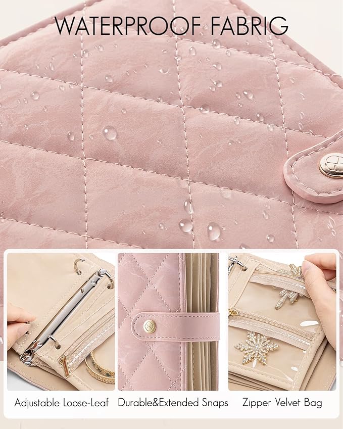 VLANDO Travel Jewelry Organizer Case,Gifts for Women,Portable Jewelry Storage Book Ring Binder with Clear Zipper Velvet Pouch Bag for Traveling,Rings,Necklace,Earrings,Bracelets,Brooches-Sand Pink - Image 4