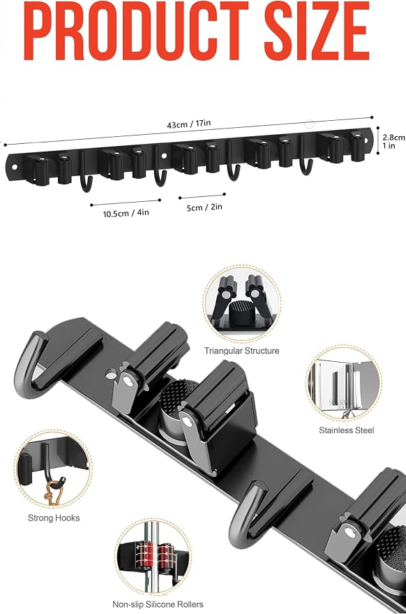 Mop and Broom Holder Wall Mount, Upgraded Broom Hanger Wall Mount, Stainless Steel Broom Organizer for Closet Garage Laundry Room Kitchen Wall Decor(5Racks 4Hooks Black) - Image 4