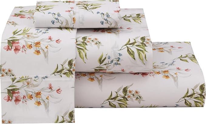 RUVANTI 100% Cotton Sheets – Split King Size Percale Bedding, Cooling & Breathable Floral Design, Durable with a Crisp, Soft & Comfortable Feel, 16" Deep Pocket, 5-Piece Set, Floral Bliss