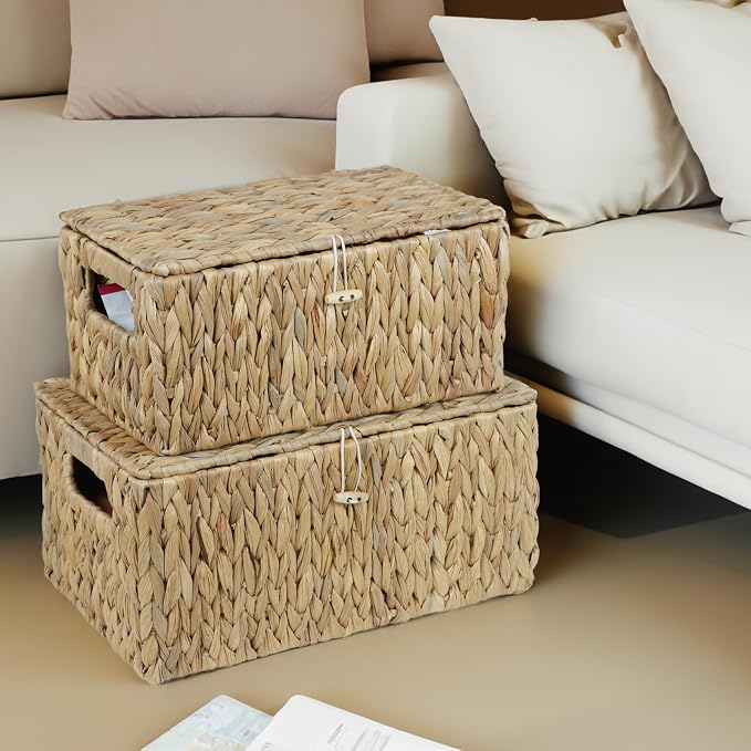 ORDELITE Set of 2 Wicker Basket with Lid, Rectangular Water Hyacinth Storage Baskets for Organizing, Decorative Woven Basket Bins Boxes for Organizing Home - Image 6
