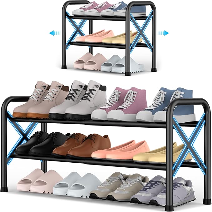 YEASHEIN 2-Tier Expandable Shoe Rack for Closet Floor, X-Frame Metal Small Shoe Rack for Entryway, Adjustable Shoe Shelf Organizer, Free Standing Shoe Racks for Front Door Entrance, Garage - Black by YEASHEIN
