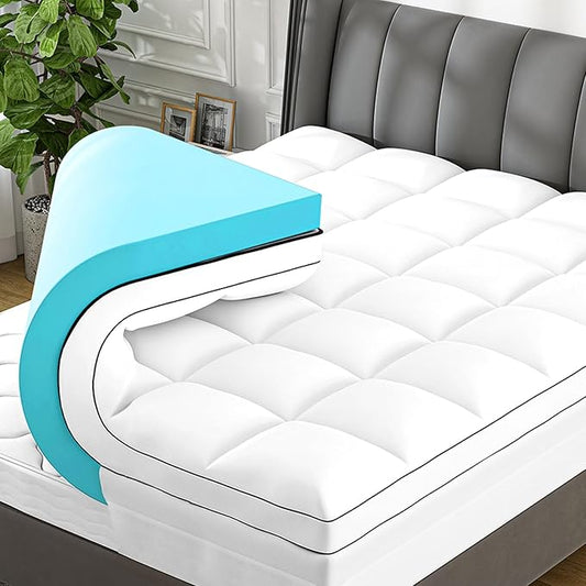 4 Inch Queen Mattress Topper Dual Layer, 2 Inch Gel Memory Foam Plus 2 Inch Cooling Pillow Top Mattress Pad Cover for Back Pain, with 8-21 Inch Deep Pocket