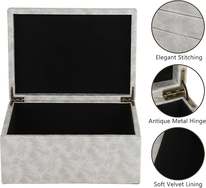 HofferRuffer Faux Leather Decorative Box, Large Wooden Structure Keepsake Box Accessory Organizer Jewelry Organizer with Hinged Lid, Storage Container for Home or Office (Grey) - Image 3