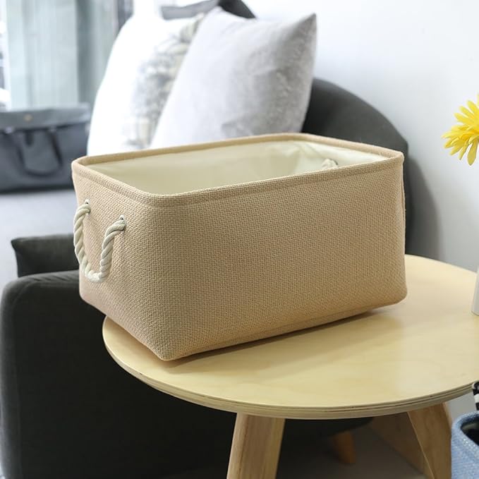 TheWarmHome Decorative Basket Rectangular Small Storage Basket Fabric Storage Bin Organizer Basket with Handles for Clothes Storage (Beige, 11.8L×7.9W×5.2H inch) - Image 4