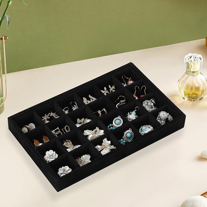 Frebeauty 24 Grid Earring Holder Organizer Tray, Jewelry Organizers and Storage for Drawer,Velvet Jewelry Display Storage for Earrings,Rings,Studs,10.5 x 6.5 x 1.2 Inches Gift for Women (Black) - Image 2
