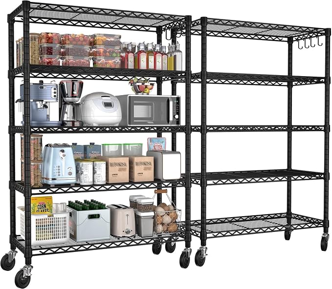 PrimeZone 74''H Wire Shelving 1250lbs 5 Tier Storage Shelves with Wheels NSF Certified Heavy Duty Steel Metal Shelf Adjustable Rolling Rack Kitchen Garage Closet Pantry Laundry 74''HX36''WX14''D 2PCS by PrimeZone