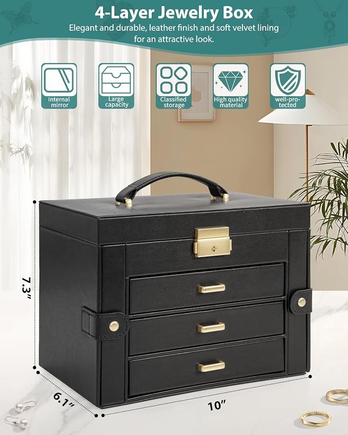 AKOZLIN Large 4-Tier Jewelry Box Leather Jewelry Storage Organizer with 3 Drawers Lockable for Women Girls Ring Necklace Earring Bracelet Watches Holder with Mirror Black - Image 2