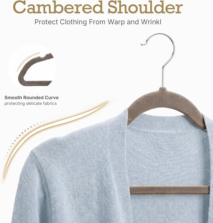 HOUSE DAY Taupe Velvet Hangers 60 Pack, Non Slip Clothes Felt Hanger Heavy Duty for Coat, Premium Slim Space Saving Suit Hangers for Closet Organizer, 360° Rotating Silver Hook - Image 4