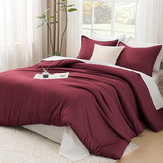 Litanika Burgundy Red Comforter Set California King Size, 3 Pieces Cal King Lightweight Solid Bedding Comforter Set, All Season Fluffy Bed Set (104x96In Comforter & 2 Pillowcases)