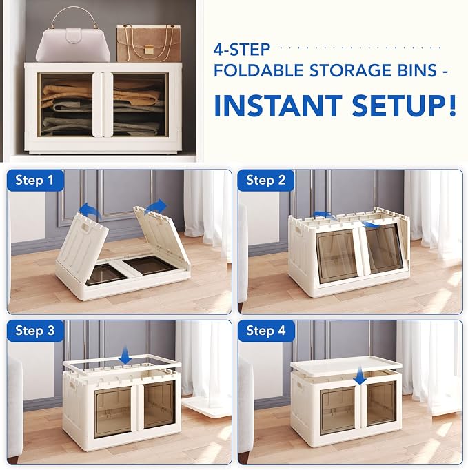 FLEXIMOUNTS 228 QT Stackable Storage Bins With Lids, Collapsible Plastic Storage Bins With Doors and Built-in Wheels For Home Dorm Closet Organizers and Storage, 3 Pack Cubes, Milky White - Image 5