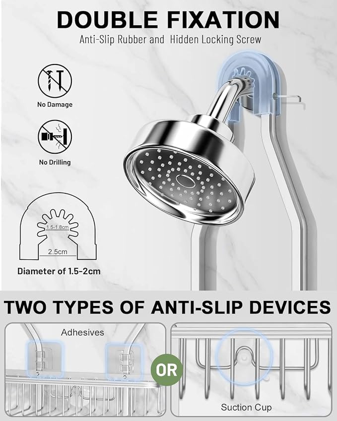 Shower Caddy Hanging - Never Rust Shower Hanging Organizer - Aluminum Over the ShowerHead Caddy with 6 Hooks for Razor/Sponge (Silver) - Image 3