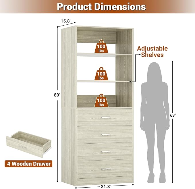 Aheaplus Wood Closet Organizer System with 4 Drawers, Modular Walk-in Closet Storage Unit, Small Closets Wardrobe Rack, Tall Storage Cabinet Unit, White Oak - Image 3