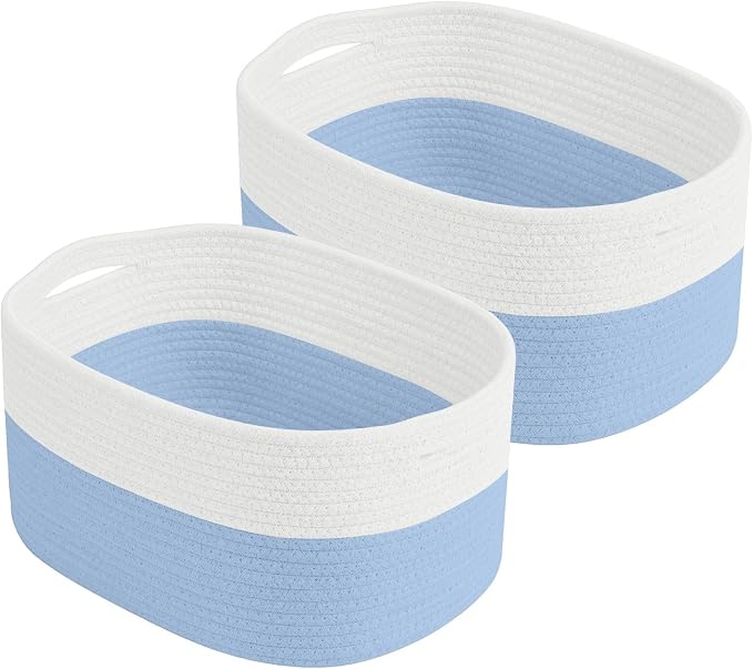 ECDYQXVU Cotton Rope Storage Basket, 15x10x9 Inches, Woven Basket for Shelves, Clothes, Towels, Books, and Laundry, White Blue (2 Pack) by ECDYQXVU