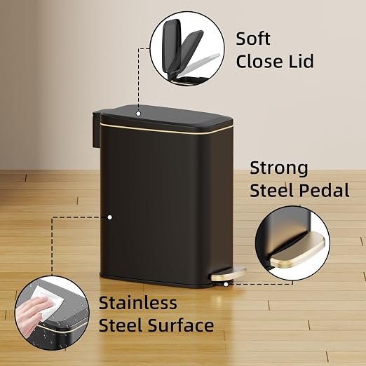 KSSKSS Small Bathroom Trash Can with Lid Soft Close, Step Pedal, 6L / 1.6 Gal Stainless Steel Garbage Bin with Removable Inner Bucket, Slim Wastebasket for Narrow Spaces (Black) - Image 4