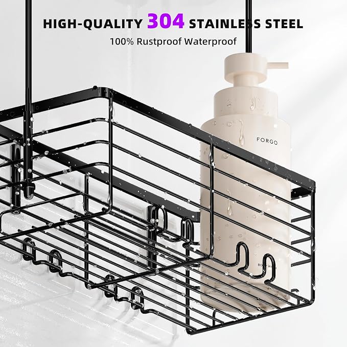 SHANSHUI Shower Hanging Caddy, Bathroom Shower Organizer Basket, Shampoo Bracket Over Door Rack with Hooks, 304 Stainless Steel - Image 4