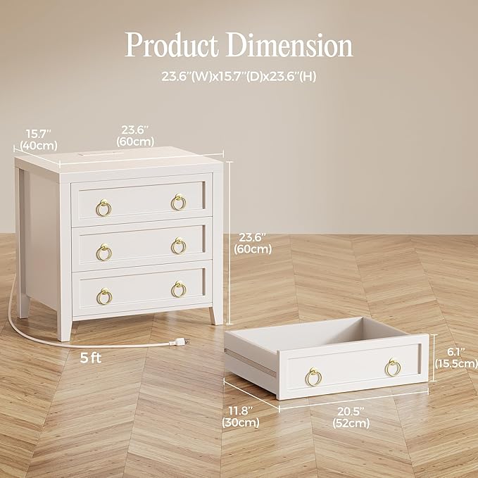 Huuger 23.6 Inch Night Stand with Charger Station and USB-C Port, 3 Drawer Nightstand, Larger Wider Bedside Table, Modern Side End Table, for Bedroom, White Nightstand
