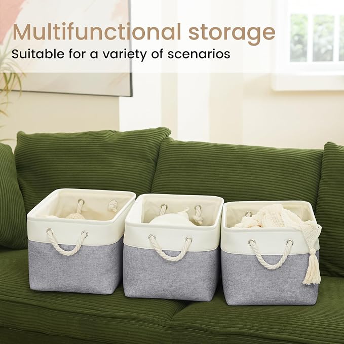 Large Storage Baskets- 15x11x10 inch Storage Bins for Shelves and Closet Organizing, Foldable Fabric Bin for Home Organization Clothes and Laundry (1-Pack, White&Gray) - Image 6