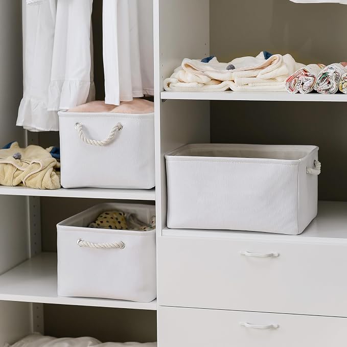 TheWarmHome Storage Basket for Gifts Empty - Large 3 Pack 15.7x11.8x8.2 inch Storage Basket for Organizing with Handles, Canves Storage Bins for Organizer Closet Toy Cubes Gift (White) - Image 3