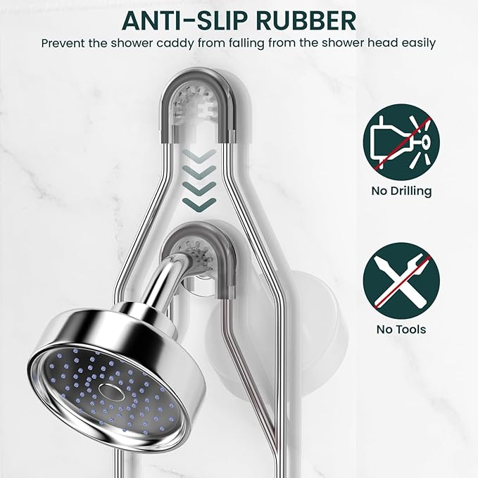 Shower Caddy Hanging Adjustable Shower Caddy, Rustproof Shower Organizer Extended Length Showers Caddy Over Shower Head with Hooks Soap Holder, Large Capacity Anti-Swing Bathroom Organizer, Silver - Image 4