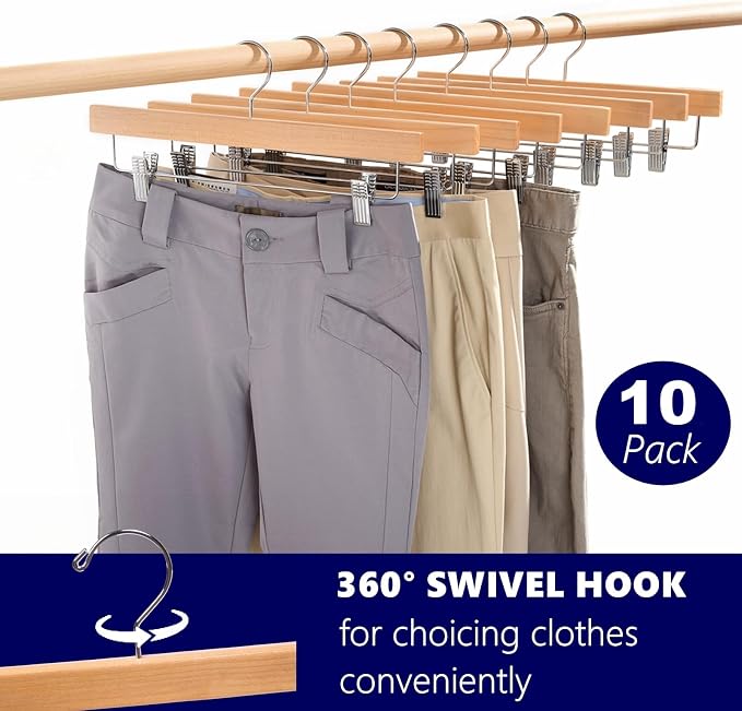 Amber Home 10 Pack Wooden Pants Hangers with Clips, 14" Natural Wood Skirt & Trouser Hangers, Closet Hangers for Jeans, Slacks, Shorts, with 2-Adjustable Clips (Natural, 10) - Image 4