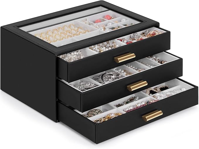 AKOZLIN Jewelry Box with Clear Lid Functional Leather Jewelry Storage Organizer Case 3 Drawers for Women Girls Necklace Ring Bracelet Earring - Image 3