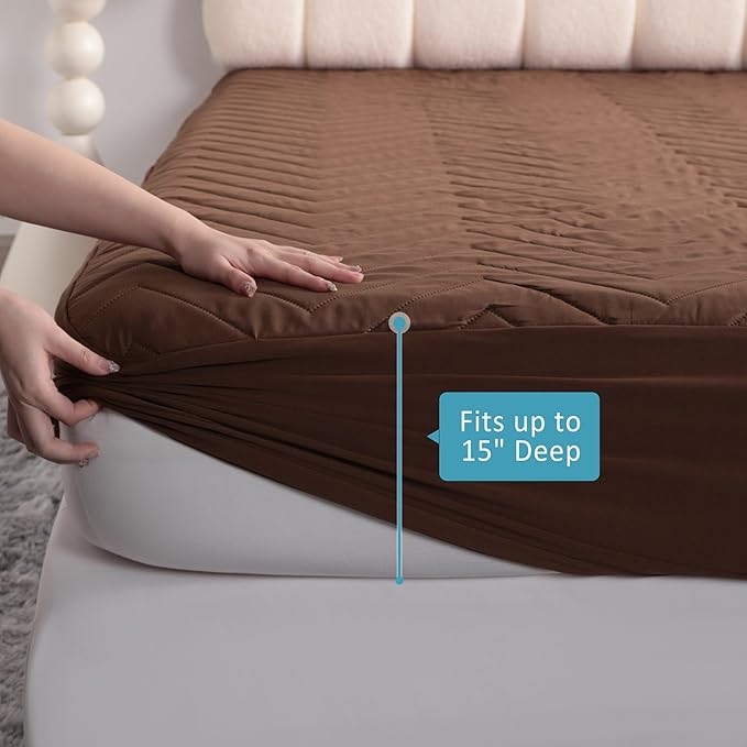 1 Pack Waterproof Mattress Protector, Quilted Mattress Pad with 15 Inch Deep Pocket, Soft Breathable Microfiber Surface, Machine Washable Bed Mattress Cover, Brown