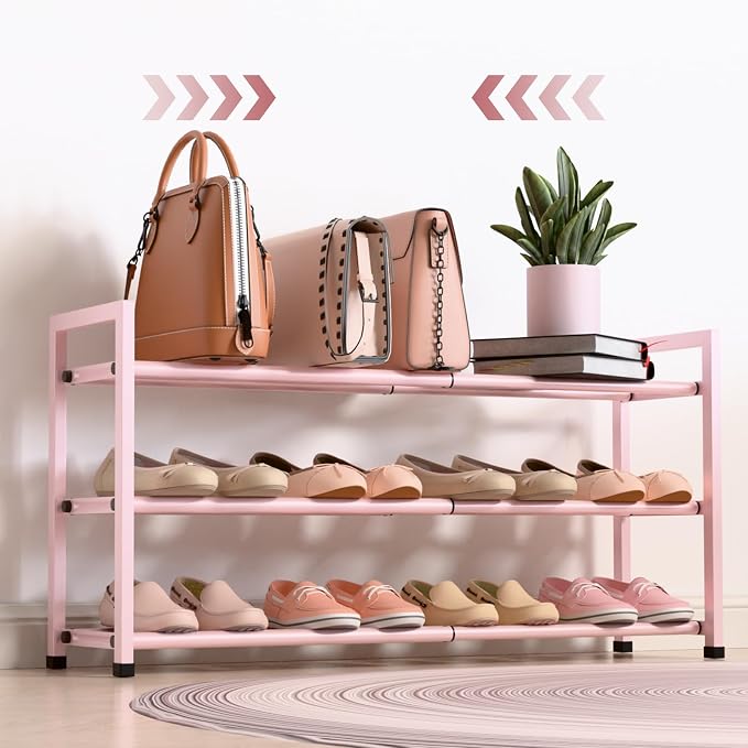 Bumusty 3-Tier Expandable Shoe Rack for Closet, 18“-33” Adjustable Shoe Rack for Small Space, Small Shoe Organizer for Front Door, Sturdy Metal, Pink by BUMUSTY