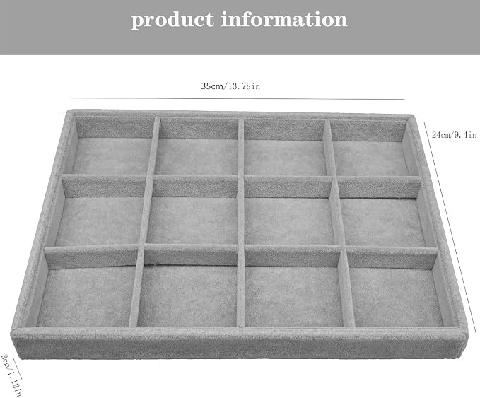 Large Velvet Jewelry Tray, Drawer Organizer for Jewelry in Dresser, Stackable Jewelry Drawer Organizer Inserts for Earring Necklace Bracelet Rings(Grey,12grid) - Image 3