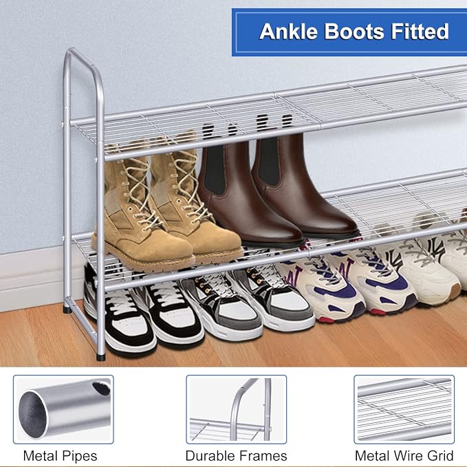 KEETDY 2-Tier Long Shoe Rack for Closet Shoe Organizer for Entryway, Metal Stackable Shoe Storage Shelf for 18 Pairs Sneakers with Strong Wire Grid, Gray - Image 5