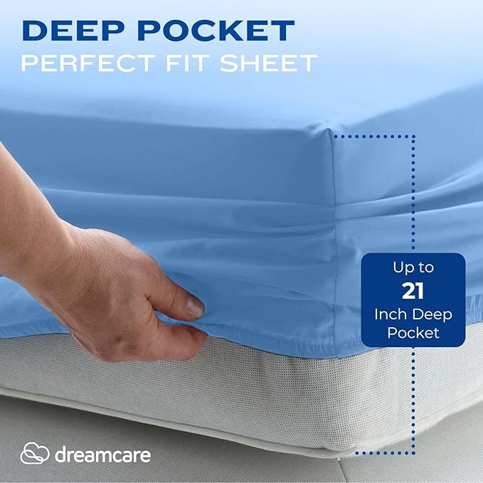 DREAMCARE Queen Sheet Set – 4 pcs Cooling Sheets – up to 21” Extra Deep Pocket Queen Sheets – Hotel Luxury Sheets & Pillowcases – Superior Softness 100% Fine Microfiber with Side Pocket – Light Blue