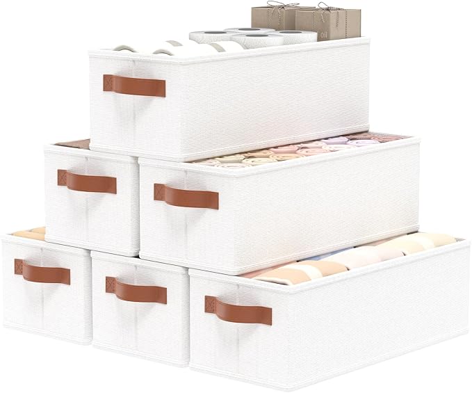 OUTBROS Storage Boxes, Fabric Bins With Handles, Foldable Baskets for Organizing, For bedrooms, living rooms, Shelves, White, 15 x 6.1 x 5.1 inch, 6-Pack by OUTBROS