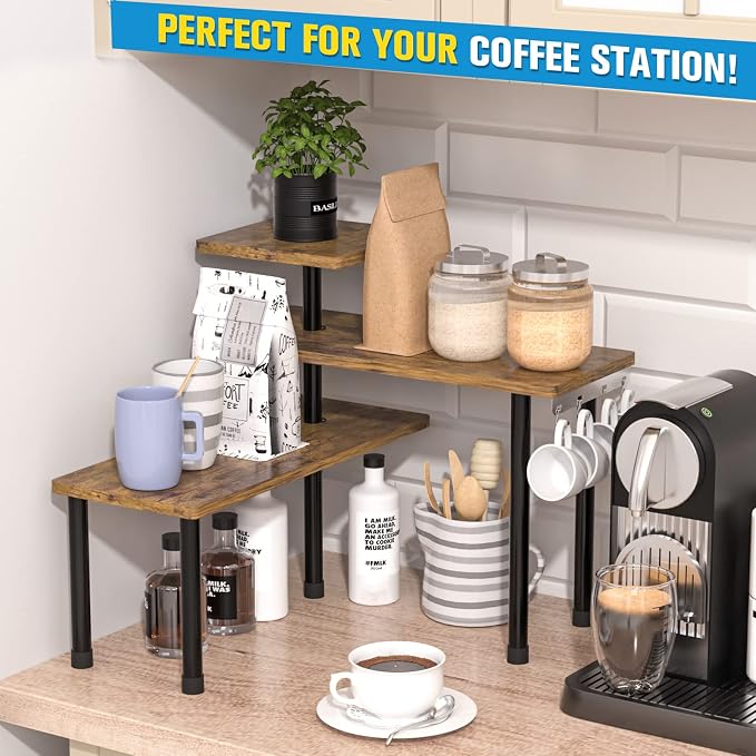 JayRex Countertop Organizer Organization, 3 Tier Moveable Corner Shelf Organizer for Kitchen, Bathroom, Spice Rack, Coffee Area, Over Sink, Dresser Table (Rustic Brown) - Image 3