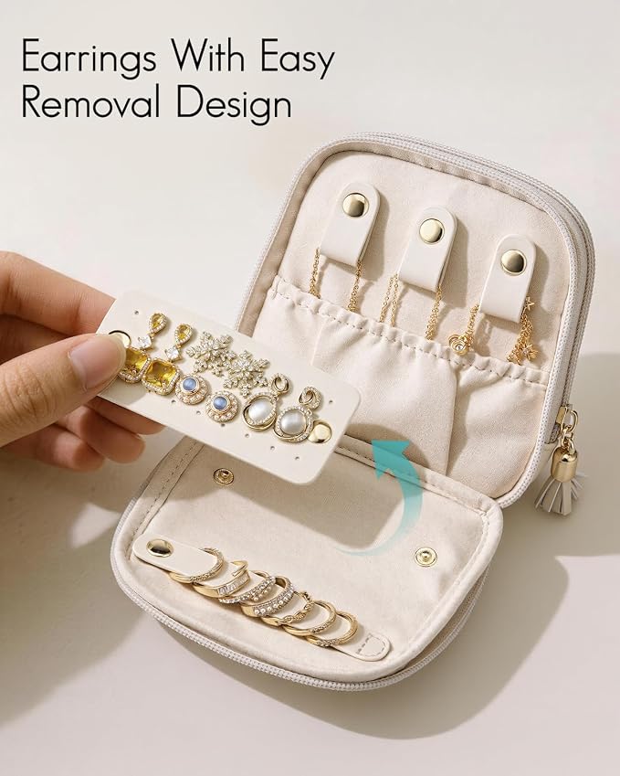 VLANDO Travel Jewelry Case,2-Layer Jewelry Organizer for Travel,Mothers Day Mom Gifts Teacher Gifts,Multi-Compartment Jewelry Storage for Rings Earrings Necklaces Bracelets-Cream White - Image 4
