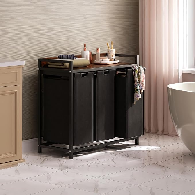 Herture Laundry Hamper with Shelf, Laundry Basket 3 Section, Laundry Sorter with Pull-Out Removable Large Bags and Movable Wheels, Metal Frame, 3 x 15.87 Gallons (60L), Rustic Brown + Black PF04XLY - Image 6