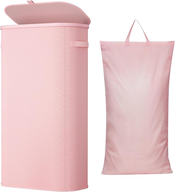 Lifewit Slim Laundry Basket with Lid, Narrow Large Laundry Hamper with Plastic Handles and Removable Bag, Tall Foldable Dirty Clothes Hampers for Laundry Room, Bedroom, Bathroom, Dorm, 75L Pink by Lifewit
