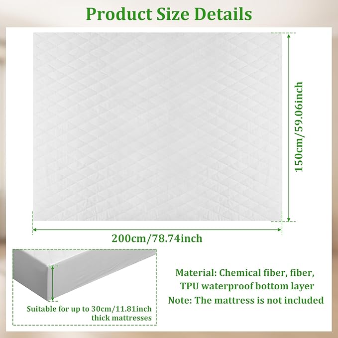 Waterproof Mattress Protector, Quilted Queen Size Mattress Cover Pad Fiber Layer Absorbent Extra Deep 30cm Fitted Skirt Breathable Washable Mattress Topper for Home and Hotel Use 150x200cm