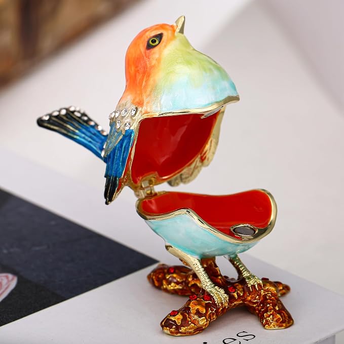 Hand Painted Enamel Robin Bird Trinket Box for Home Decor, Hinged Jewelry Organizer for Ring Earrings, Unique Figurine Keepsake Collectible Personalized Handmade Ornament Gifts (Multi-Sparrow) - Image 3