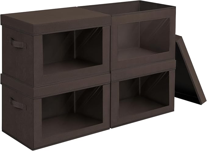 Homsorout Stackable Storage Bins with Lids - Large Storage Box with Lids, Foldable Closet Boxes for Organizing, Wardrobe Clothes Organizer with Window, Cubes Bins for Living Room, 4 Pack, Brown by Homsorout