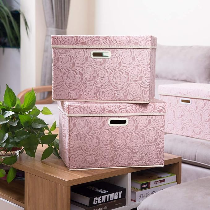 PRANDOM Larger Collapsible Storage Bin with Lid [1-Pack] Fabric Decorative Storage Box Cube Organizer Container Baskes with Handles Divider for Bedroom Closet Living Room Pink 17.7x11.8x11.8 Inch - Image 2
