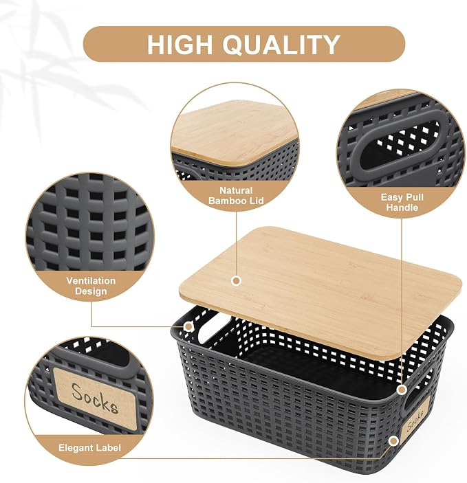 6Pcs Storage Bins with Lids, Stackable Plastic Storage Basket with Bamboo Lid, Pantry Organizer Box Small Containers for Organizing Shelves Drawer Desktop Closet Cabinet Office Classroom 10x7.1x4.1in - Image 3