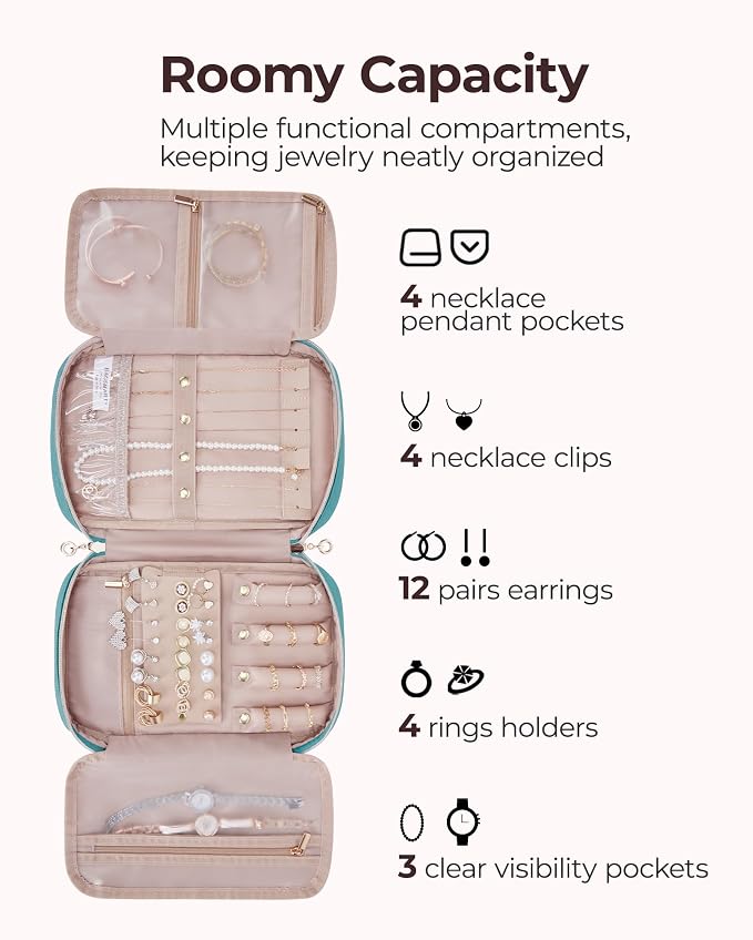 BAGSMART Travel Jewelry Case, Jewelry Organizer for Women Zipper Rings Holder Storage Pouch for Rolls Necklaces,Stud Earrings,Bracelets,Teal - Image 4