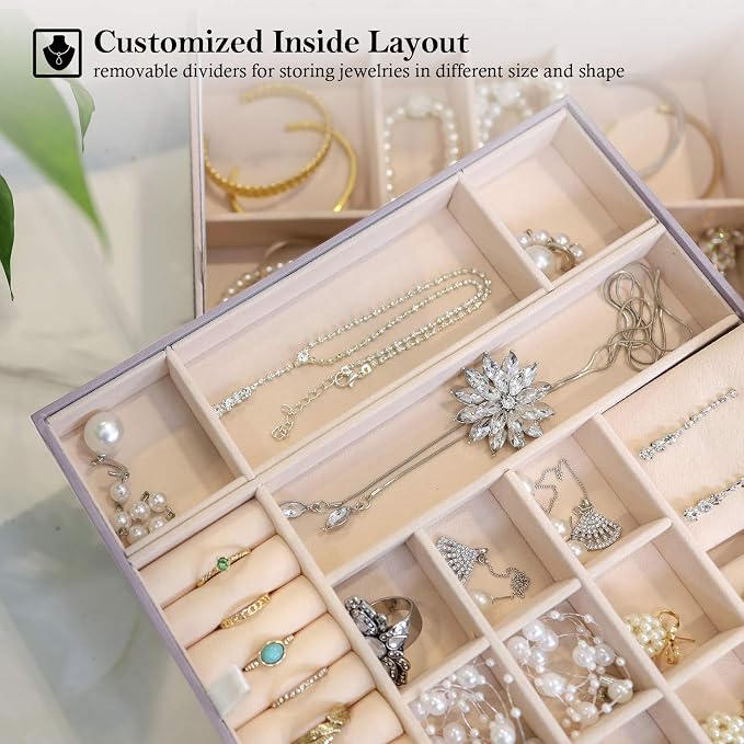 ProCase Jewelry Box for Women, 2 Layers Large Leather Jewelry Organizer Storage Case with Removable Pad for Earrings -Pearlizedsilver - Image 3